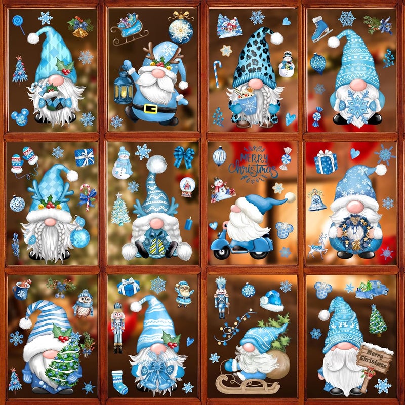 BORAMDO Christmas Gnome Snowflake Window Clings 12 Sheets, Blue Decals Stickers, Removable Holiday Decorations for Glass Windows, Xmas Home Office Decor, 12 Style - Image 1